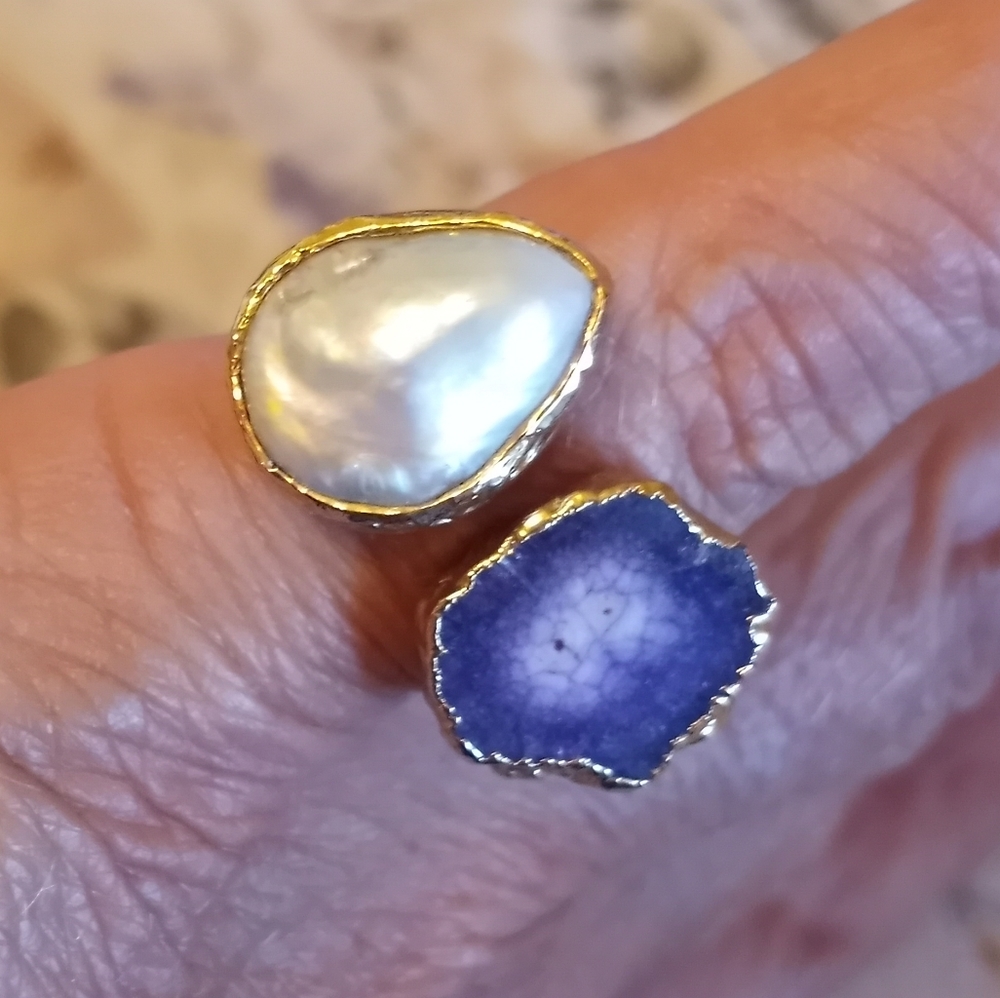 Purple Solar Quartz Agate and Freshwater  Pearl Adjustable Ring